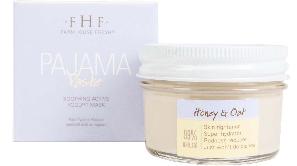 A jar next to a box of Pajama Paste Honey and Oat Face Mask by FarmHouse Fresh that hydrates skin while reducing redness.