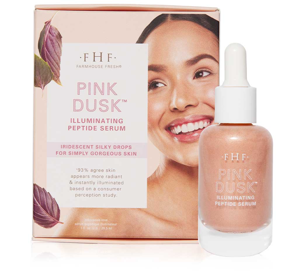 A box and a bottle of FarmHouse Fresh Pink Dusk Illuminating Peptide Serum enriched with powerful peptides and gentle, time-release retinol to visibly smooth skin.