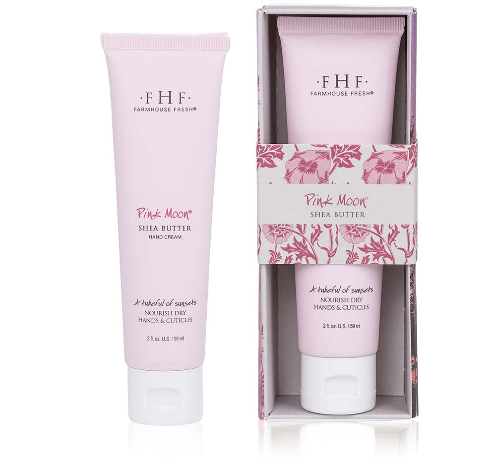 A box and a tube of FarmHouse Fresh Pink Moon Shea Butter hand cream that is perfect for dry, chapped skin.