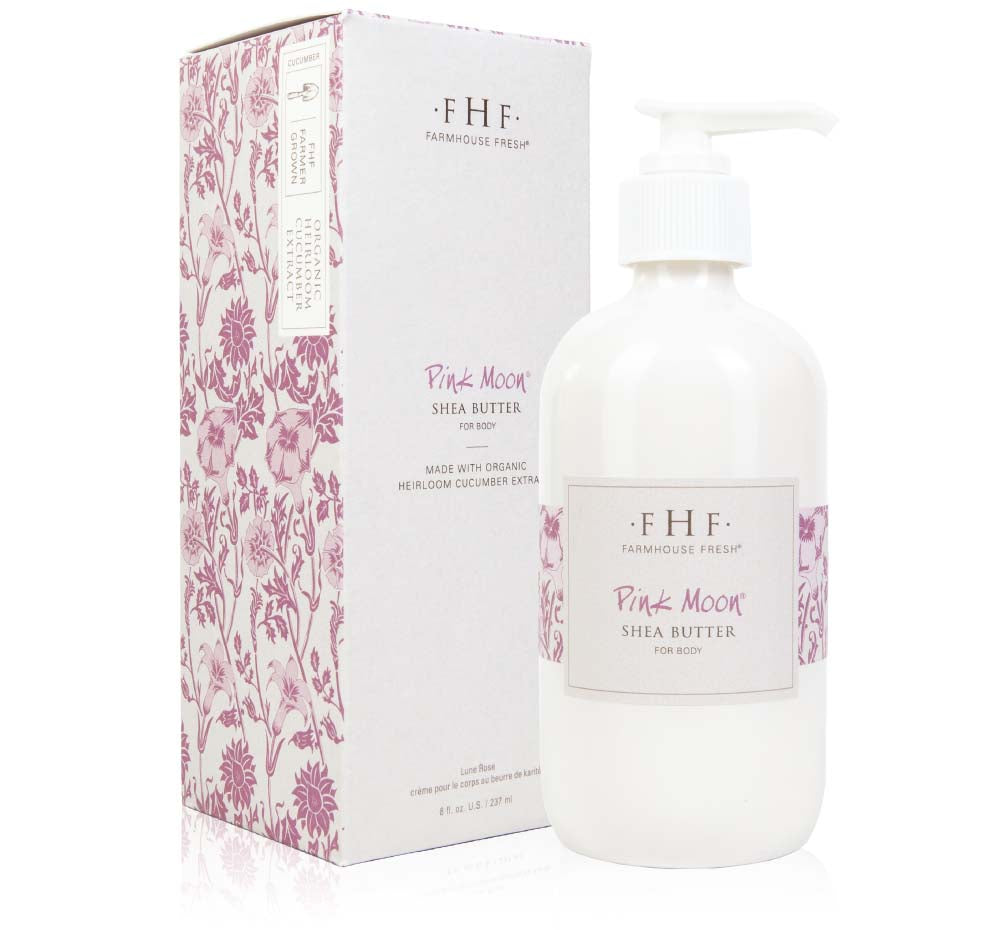 A bottle and box of FarmHouse Fresh Pink Moon Shea Butter body cream that leaves skin hydrated and soft.