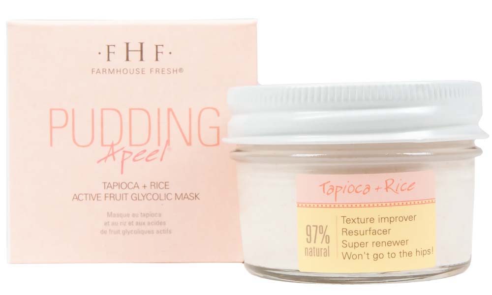 A jar and a box of FarmHouse Fresh Pudding Apeel Face Mask that helps exfoliate and soothe irritations.