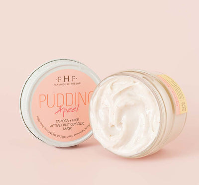 A jar of FarmHouse Fresh Pudding Apeel Active Fruit Glycolic Mask that exfoliates and helps improve the texture of skin.