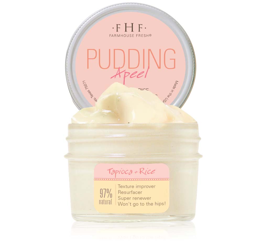 A jar of FarmHouse Fresh Pudding Apeel Face Mask that helps improves texture of skin, making face feel soft and refreshed.