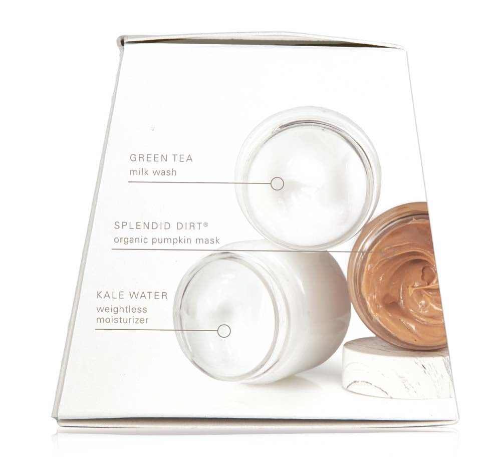 Side view of the box of Purely Degunked 3-step Instant Spa Facial. Shows open jars of FarmHouse Fresh best-selling skincare products for blemish-prone and oily skin.