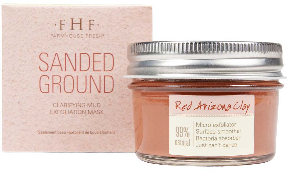 A jar and a box of Farmhouse Fresh Sanded Ground face mask that exfoliates, cleanses oily skin and smoothens the texture of skin.