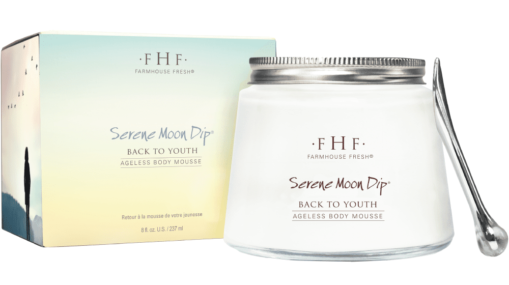 A box and a jar of FarmHouse Fresh Serene Moon Dip body lotion that helps get rid of wrinkles on neck, chest, arms and legs and combat saggy skin.