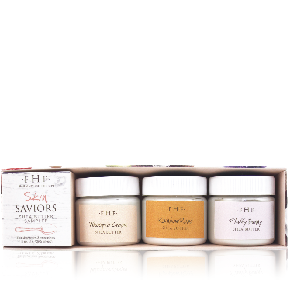 A box of Skin Saviors Shea Butter Sampler that includes Farmhouse Fresh’s bestselling shea butter creams for body.