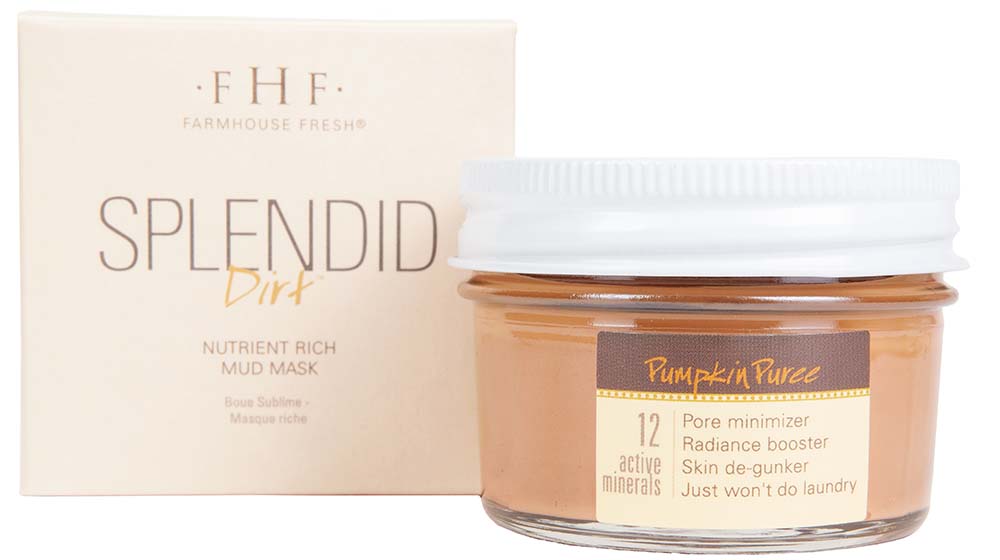 A box and a jar of FarmHouse Fresh Splendid Dirt Face Mask with organic pumpkin puree that is perfect for oily and combination skin to minimize pores and clear breakouts.