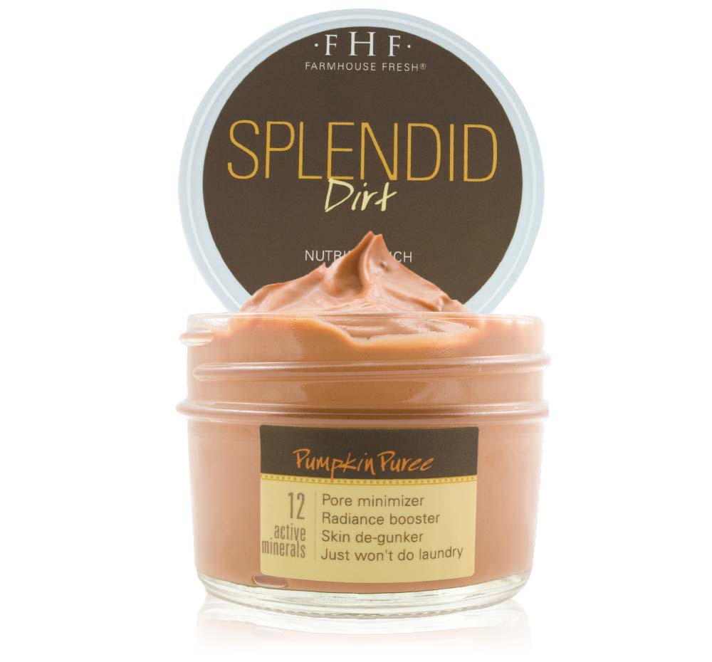 A jar of of FarmHouse Fresh Splendid Dirt Face Mask with organic pumpkin puree that clears out acne, blemishes and clogged pores, and is great for oily skin.