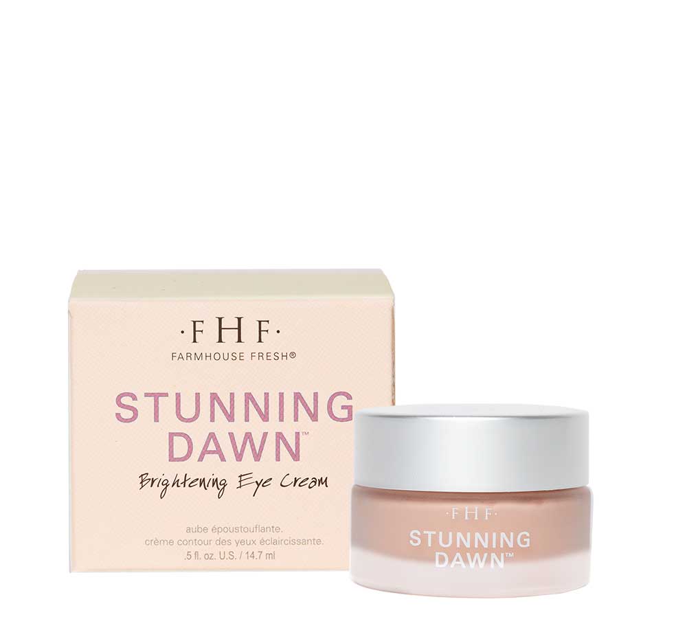 A jar and a box of FarmHouse Fresh Stunning Dawn Brightening Eye Cream made with bakuchiol (a natural alternative to retinol) to firm and smooth out the look of wrinkles.