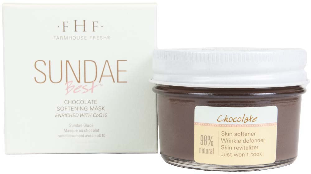 A jar and a box of FarmHouse Fresh Sundae Best Softening Chocolate Mask with enzymes that boost your natural defenses against the look of wrinkles and sagging.