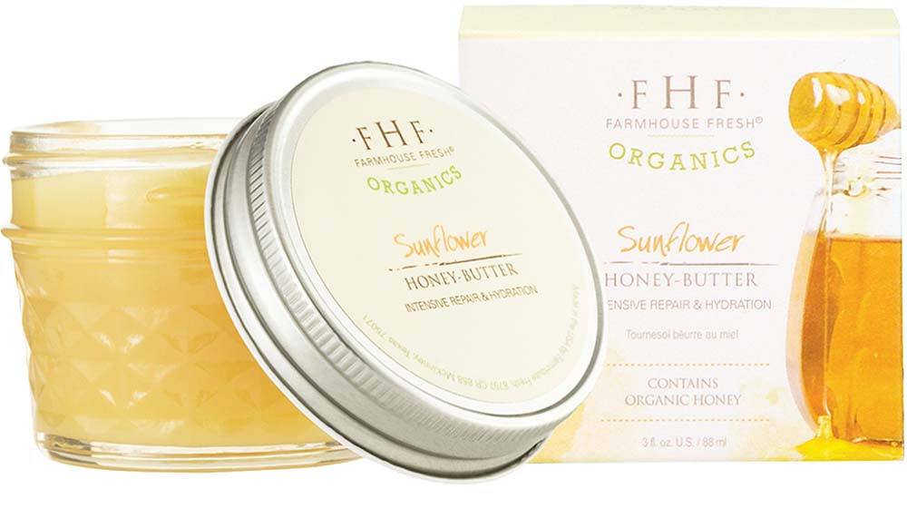 A jar and a box of FarmHouse Fresh’s Organic Sunflower Honey-Butter, the body moisturizer for dry winter skin.