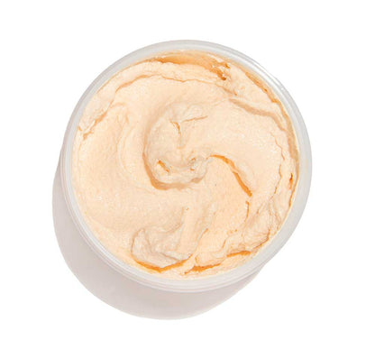 Top view of an opened jar of FarmHouse Fresh Sunny Dippin’ Foaming Body scrub, showing the frothy, sugar-whipped, coconut-based texture.
