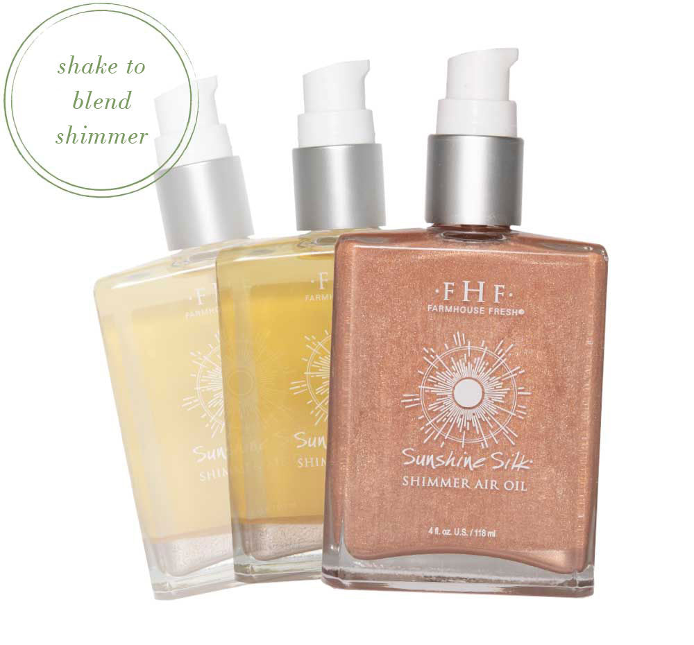 Shake the bottle of FarmHouse Fresh Sunshine Silk Shimmer Air Oil before use to blend shimmer for a beautiful glow. 