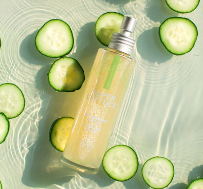 A bottle of Super Lettuce Facial Tonic by Farmhouse Fresh, an alcohol-free clarifying cucumber water toner.