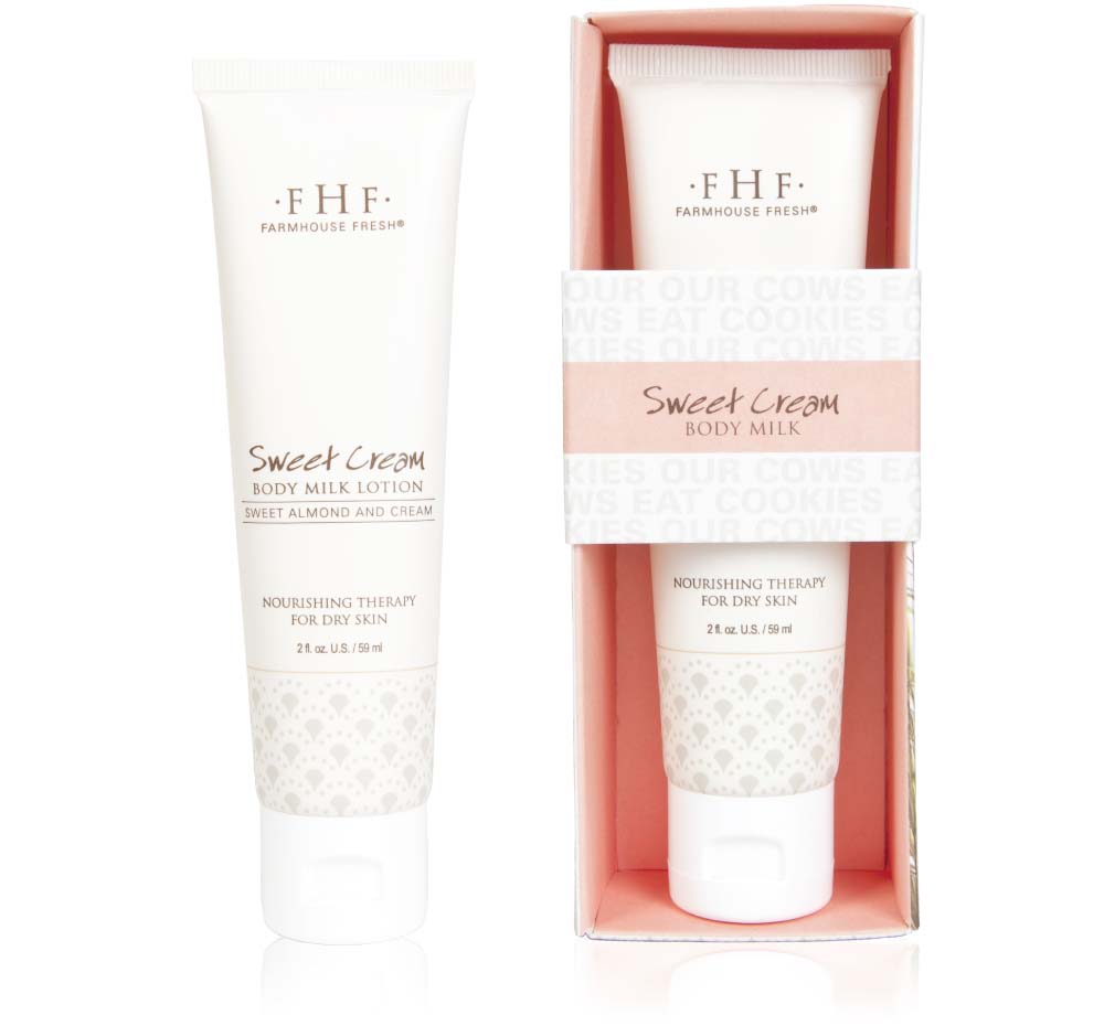 A tube and a box of lightweight Sweet Cream Milk Lotion by FarmHouse Fresh that is infused with a blend of natural oils that provide lasting softness to skin.