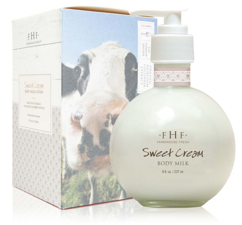 A bottle and a box of lightweight Sweet Cream Body Milk Lotion by FarmHouse Fresh that is infused with a blend of natural oils that provide lasting softness to skin.