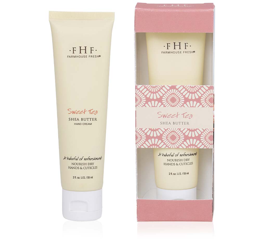 A tube and a box of Sweet Tea Shea Butter hand cream by FarmHouse Fresh for moisturized and soft hands.