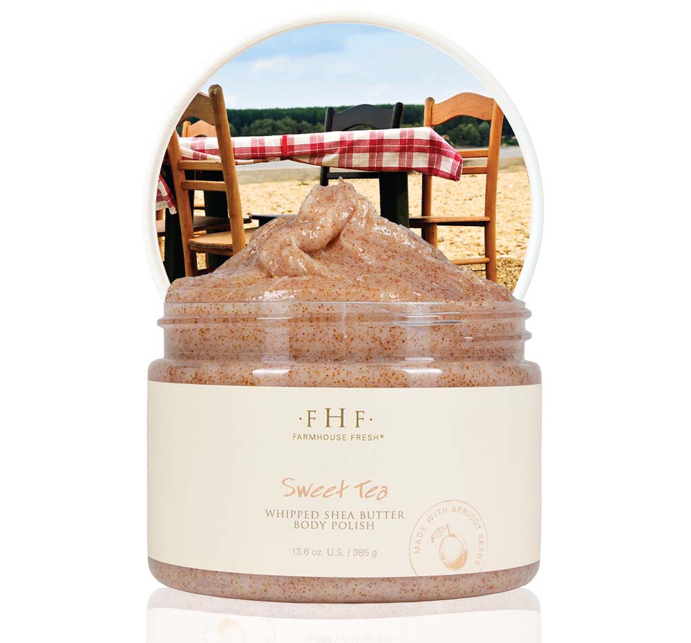 A jar of Sweet Tea Body Polish by FarmHouse Fresh that gently exfoliates skin, making skin soft and polished.