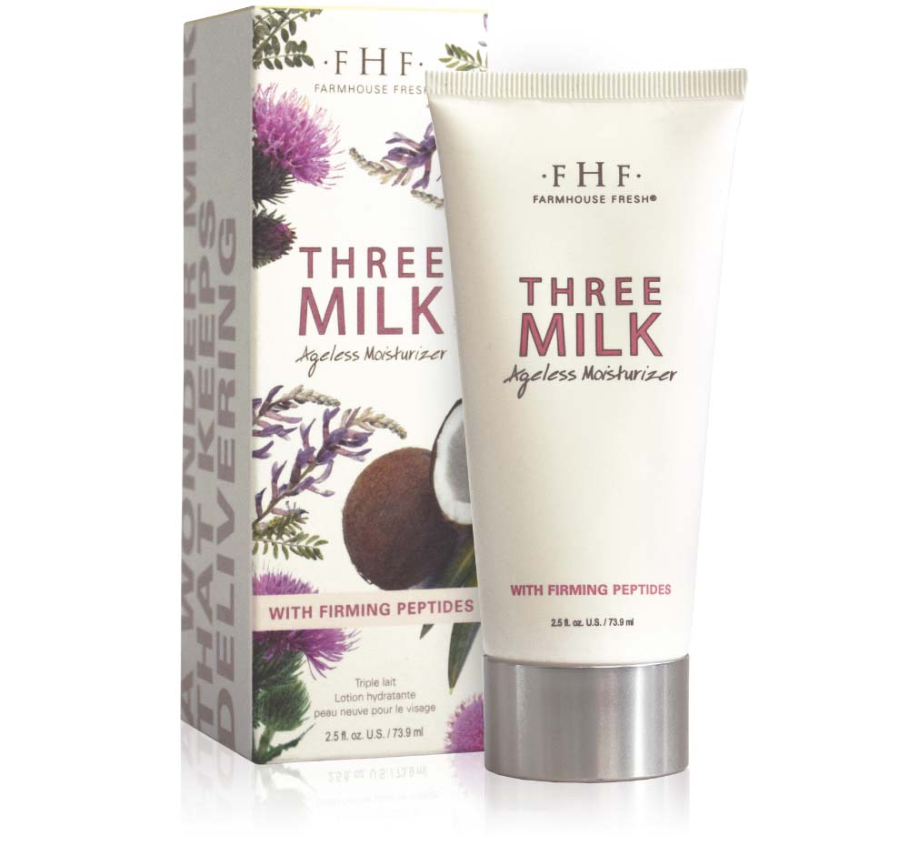 A box and a tube of FarmHouse Fresh Three Milk Ageless Moisturizer face cream with natural ingredients that hydrate and soothe skin.