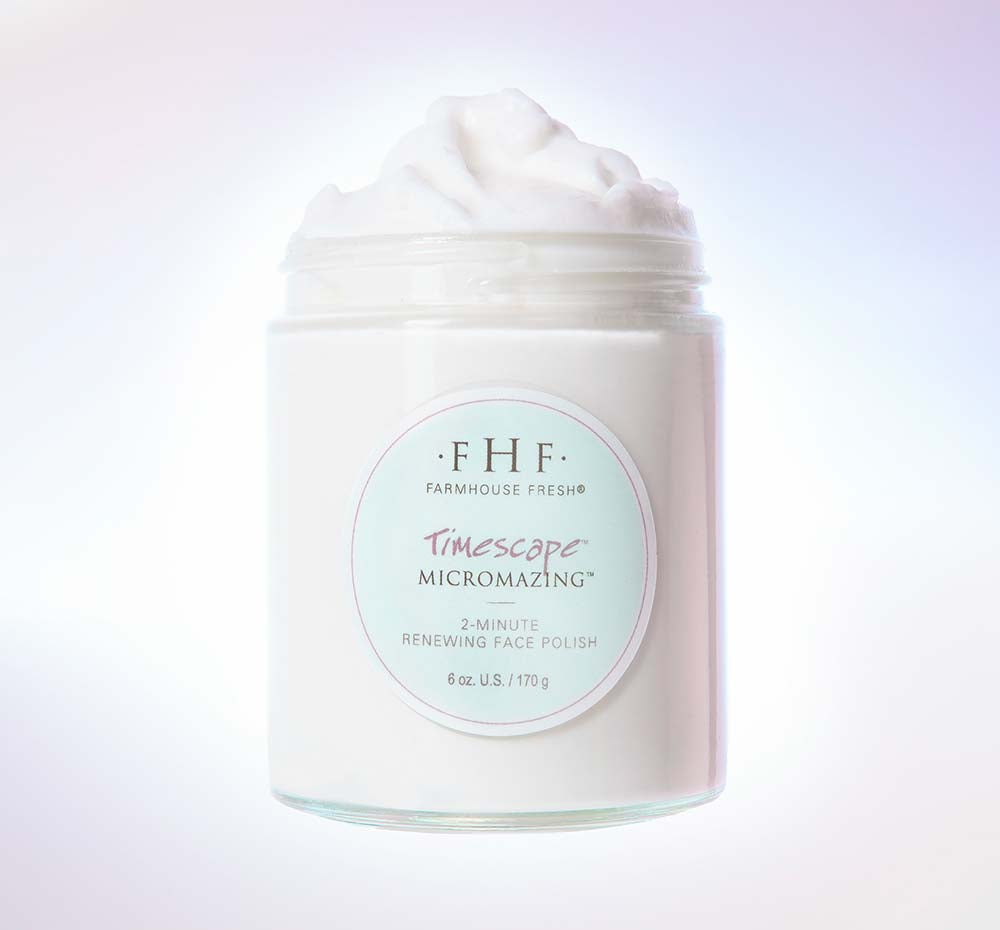 A jar of natural Timescape Face Polish by FarmHouse Fresh that leaves face dewy and glowing.