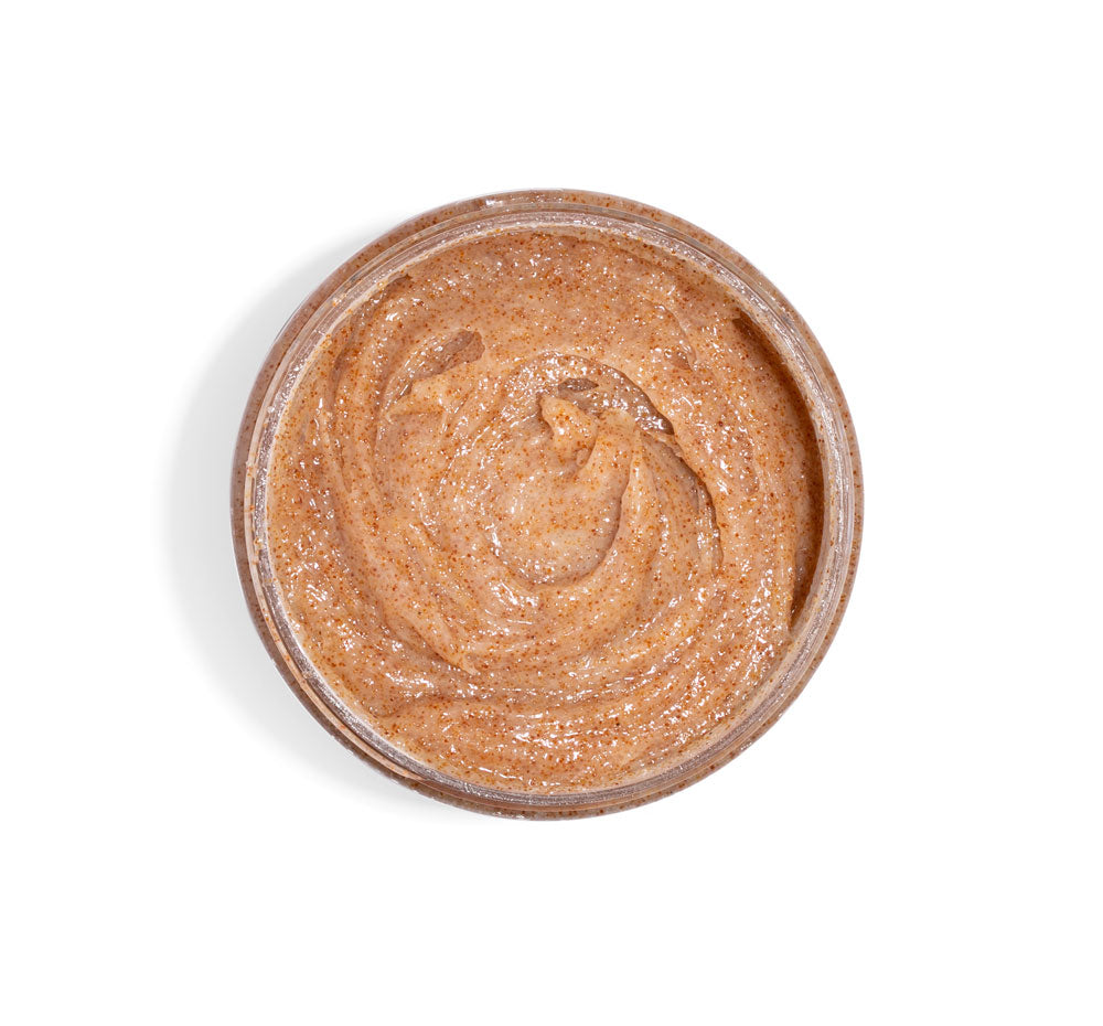 Top view of an opened jar of Triple Shot Coffee body scrub by FarmHouse Fresh for smooth, polished skin.