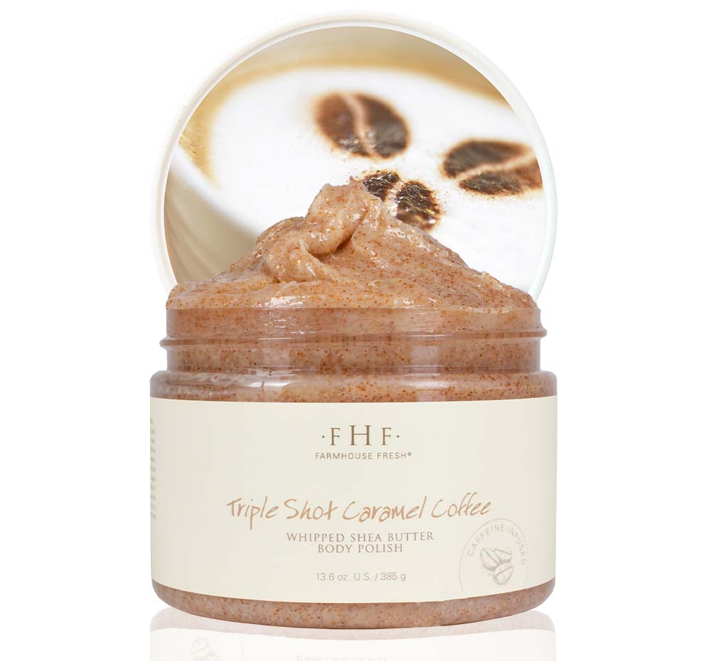 A jar of Triple Shot Caramel Coffee body polish by FarmHouse Fresh made with shea butter, micro sugar and apricot seed powder.