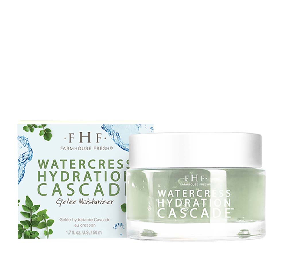 A box and a jar of FarmHouse Fresh Watercress Hydration Cascade Gelee Moisturizer for acneic, aging, blemish-prone and dry skin.