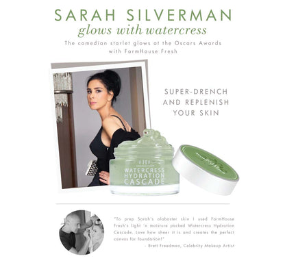 Sarah Silverman uses FarmHouse Fresh Watercress Hydration Cascade Gelee Moisturizer at the Oscar Awards as a sheer primer for foundation.