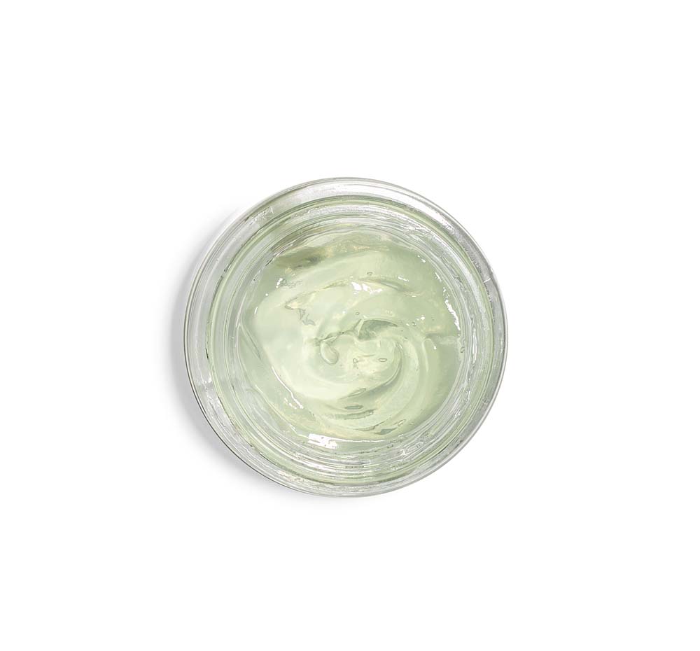 Top view of an opened jar of FarmHouse Fresh Watercress Hydration Cascade face gel that soothes and deeply hydrates skin.