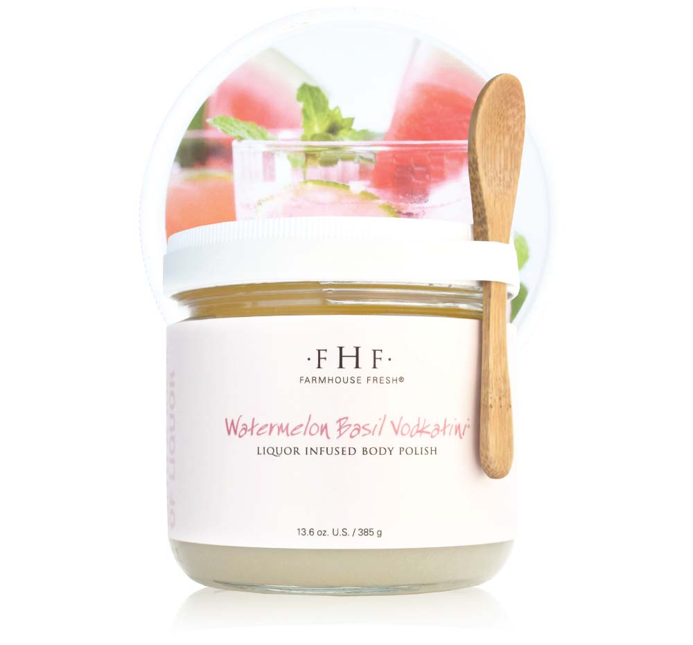 A jar of FarmHouse Fresh Watermelon Basil Vodkatini body polish with light and refreshing summery scent.