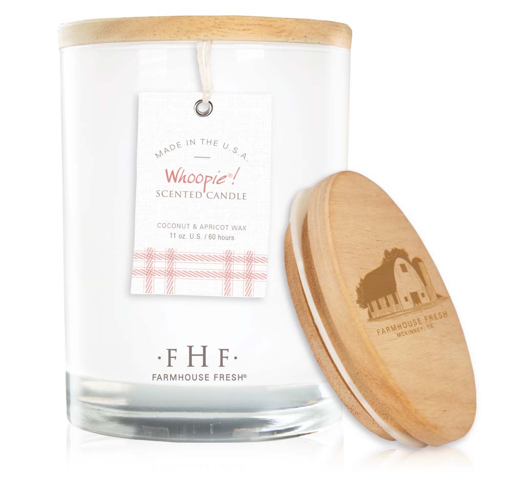 A FarmHouse Fresh Whoopie all-natural candle, made with a coconut & apricot wax blend.