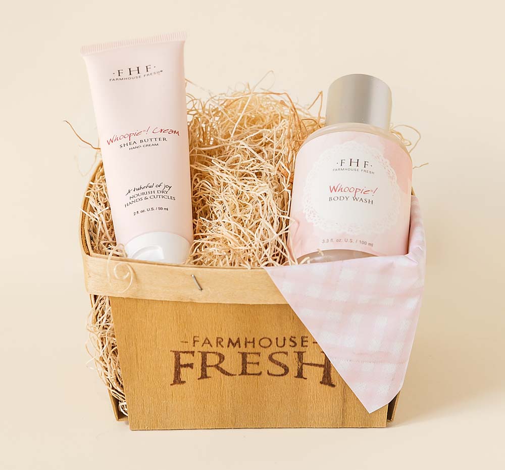 FarmHouse Fresh Whoopie Harvest Gift Basket that includes a hand cream and a body wash.