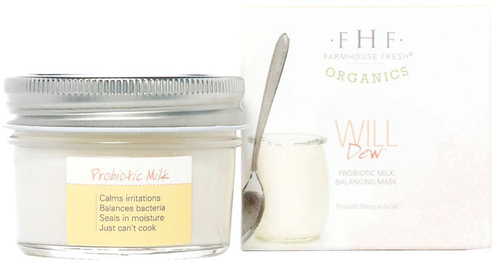 A jar and a box of Will Dew Organic Probiotic Milk Balancing Mask by FarmHouse Fresh for dull, dry and redness-prone skin.