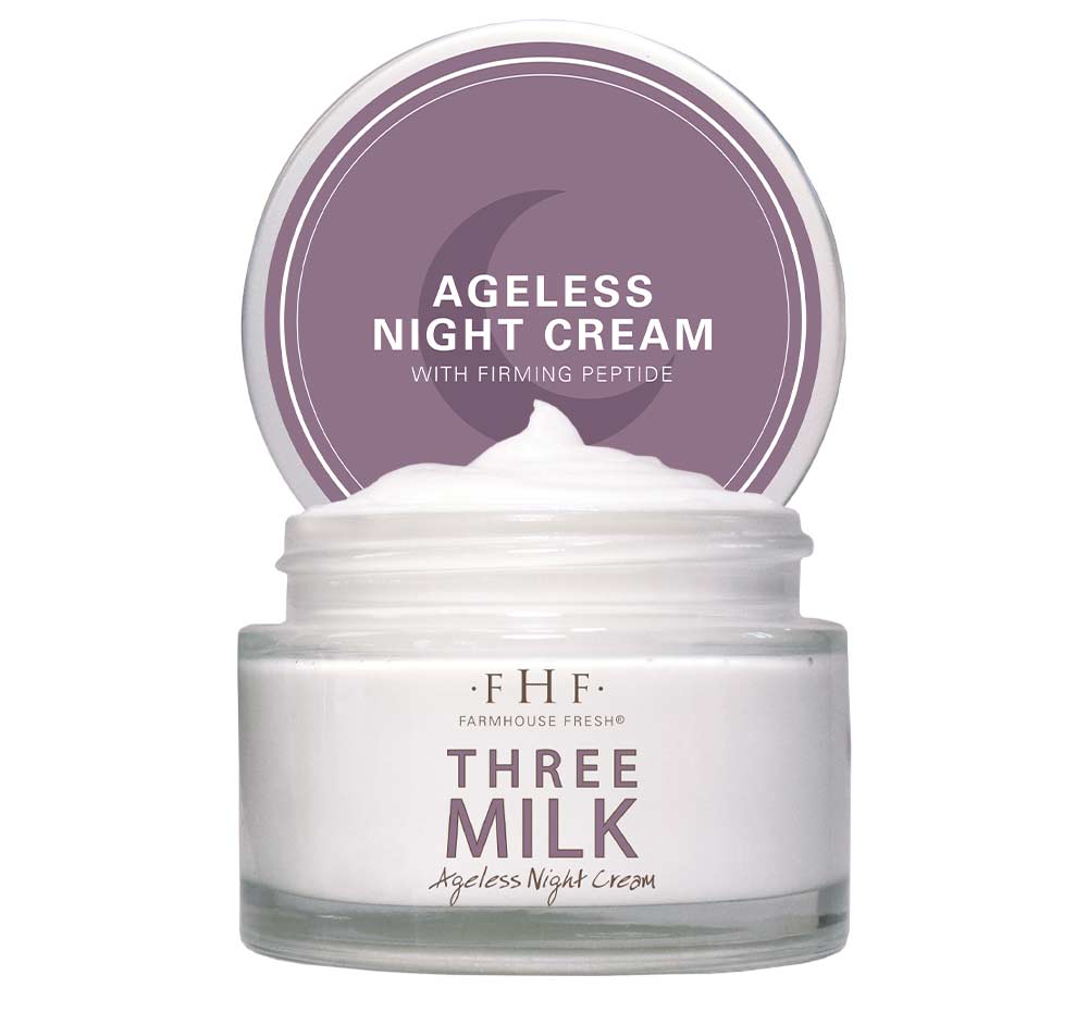 A jar of FarmHouse Fresh Three Milk Ageless Sleep Cream that fights wrinkles while you sleep.